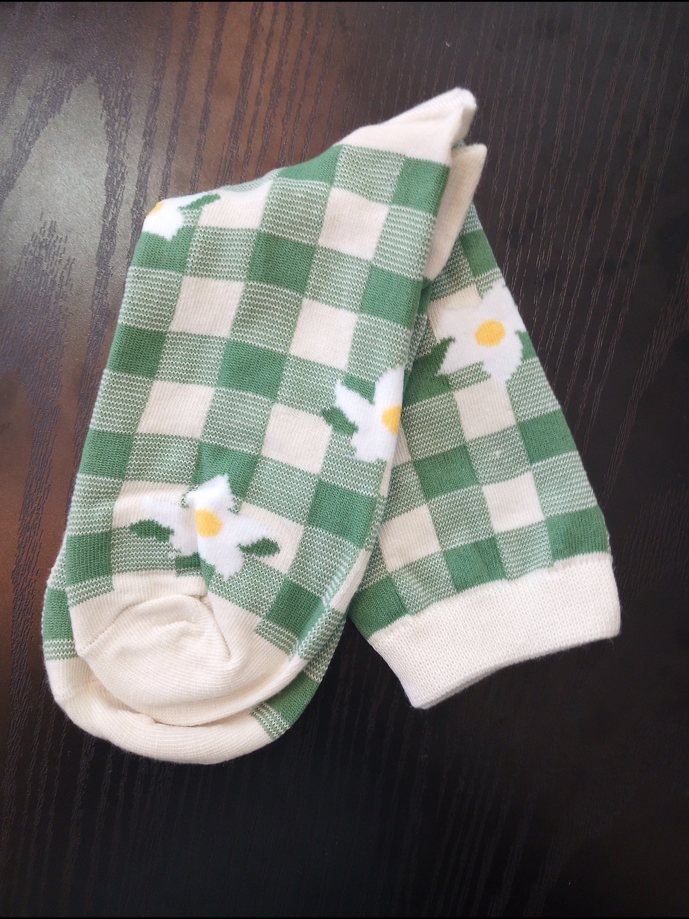 Green & Cream Gingham Daisy Floral Crew Mid-calf Socks - Picture 2 of 2
